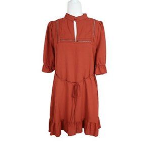 NWOT Lulus Womens Size M Rust Colored A-Line Dress Ruffle Hem Tie Waist Snack Bu